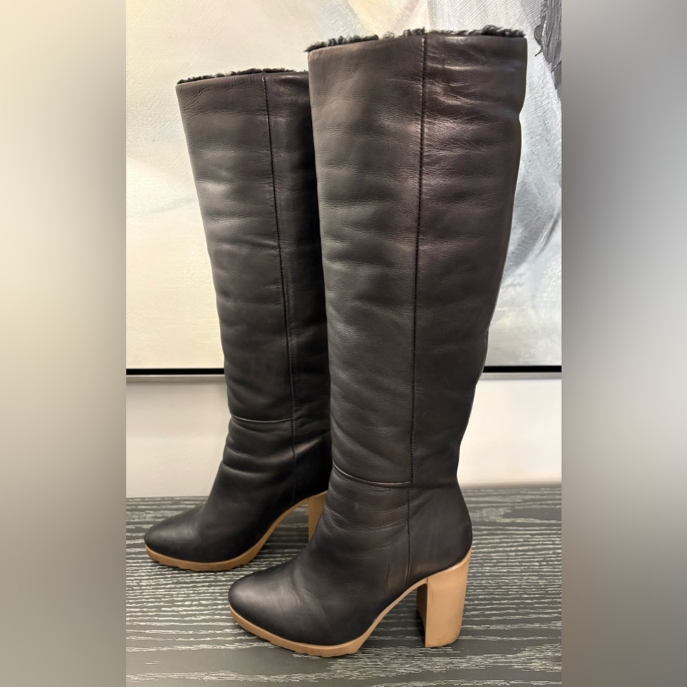 Pierre Hardy Satin Calf Shearling Black Over the Knee Boots